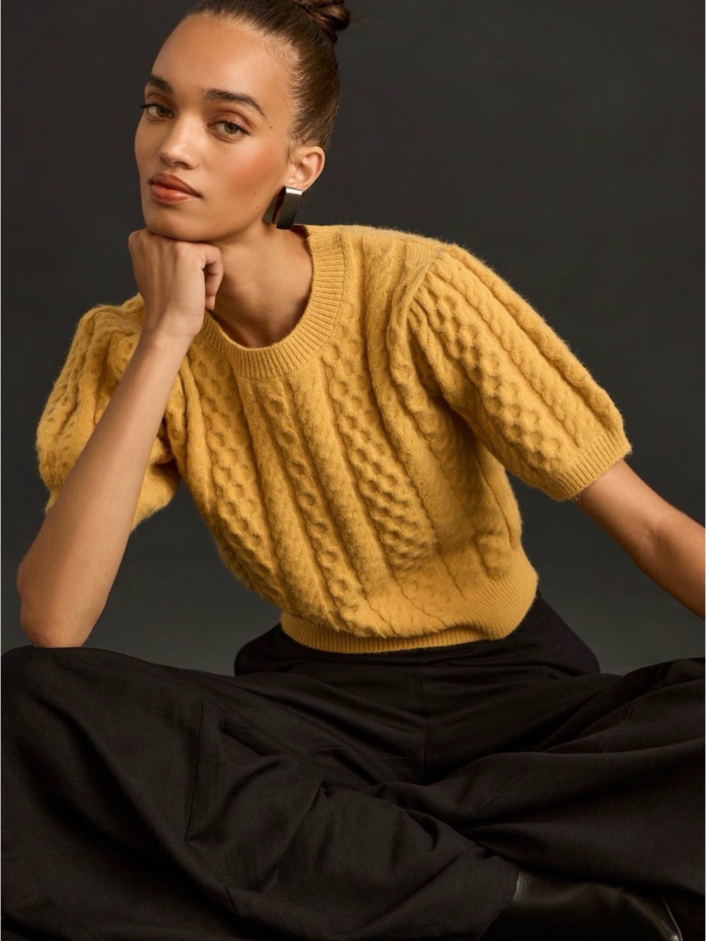 Anthropologie Mable cropped cable puff shirt sleeve sweater